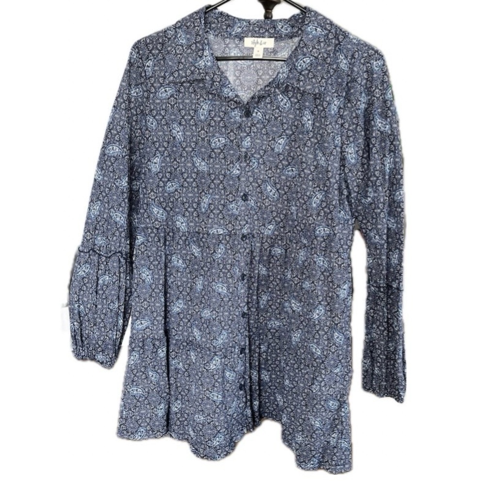 Style & Co Women’s Button Front Blouse Paisley Blue Long Sleeve Size M